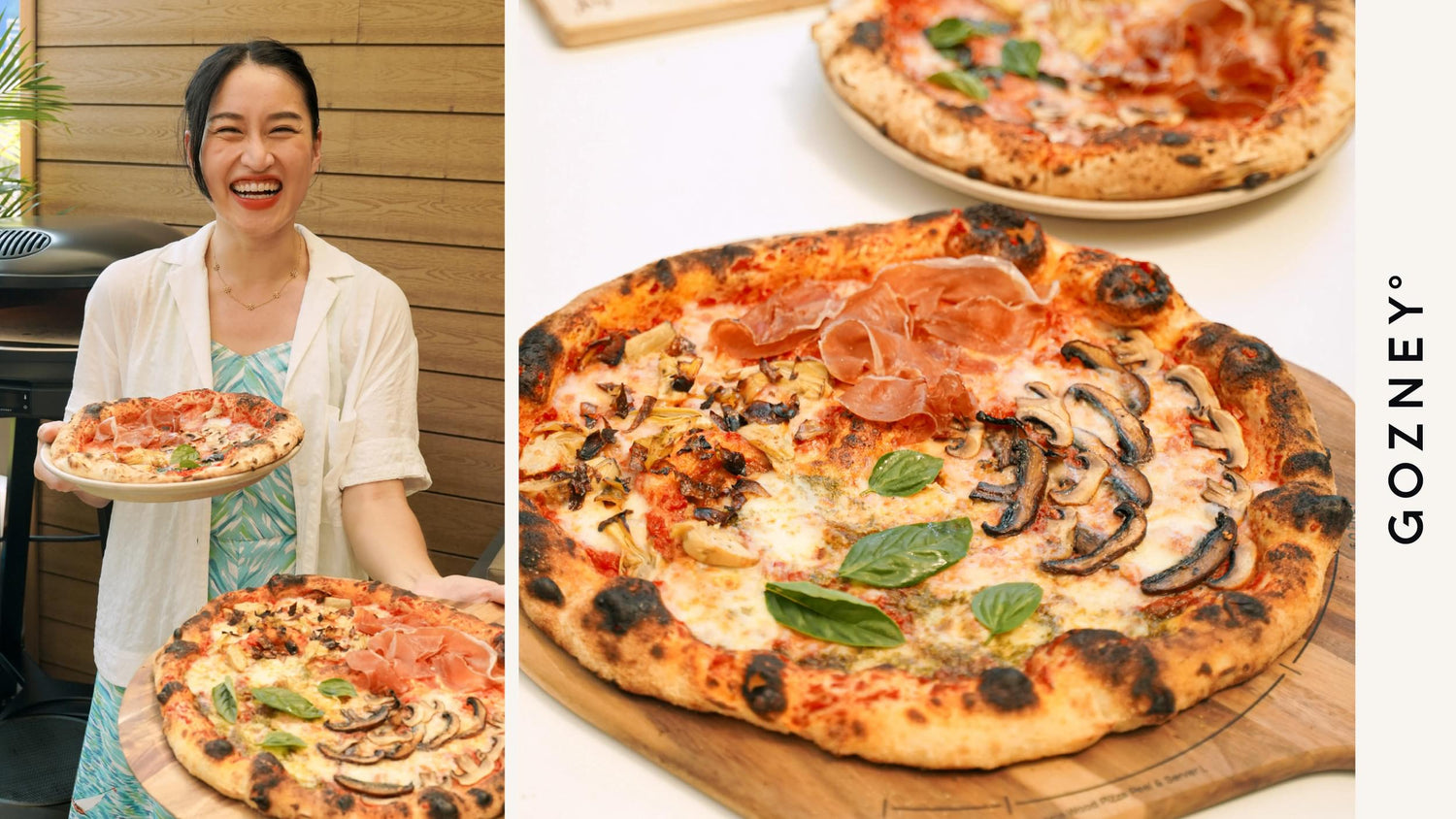 Chef Feng holding her Four Seasons pizza