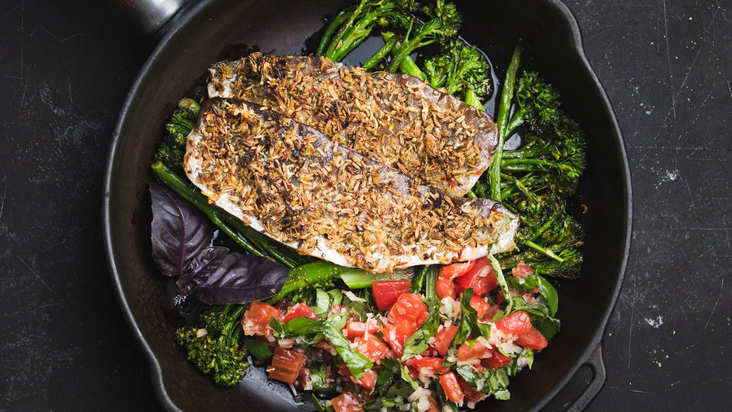 Spiced Trout with Roasted Broccoli and Tomato Dressing recipe poster image