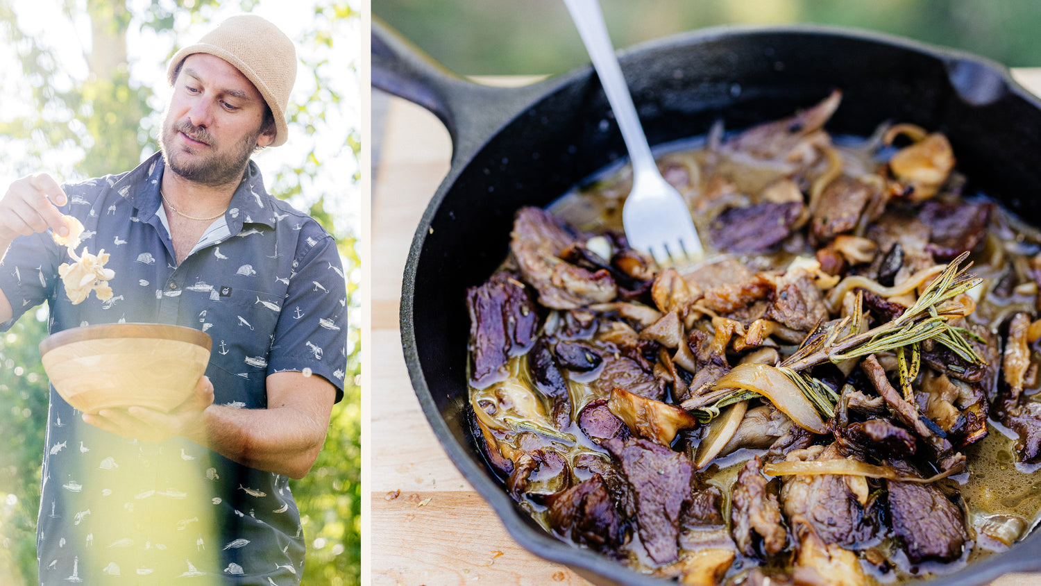 Chef Brad Leone serving his Beef Short Ribs and Wild Mushrooms in a cast iron skillet recipe poster image